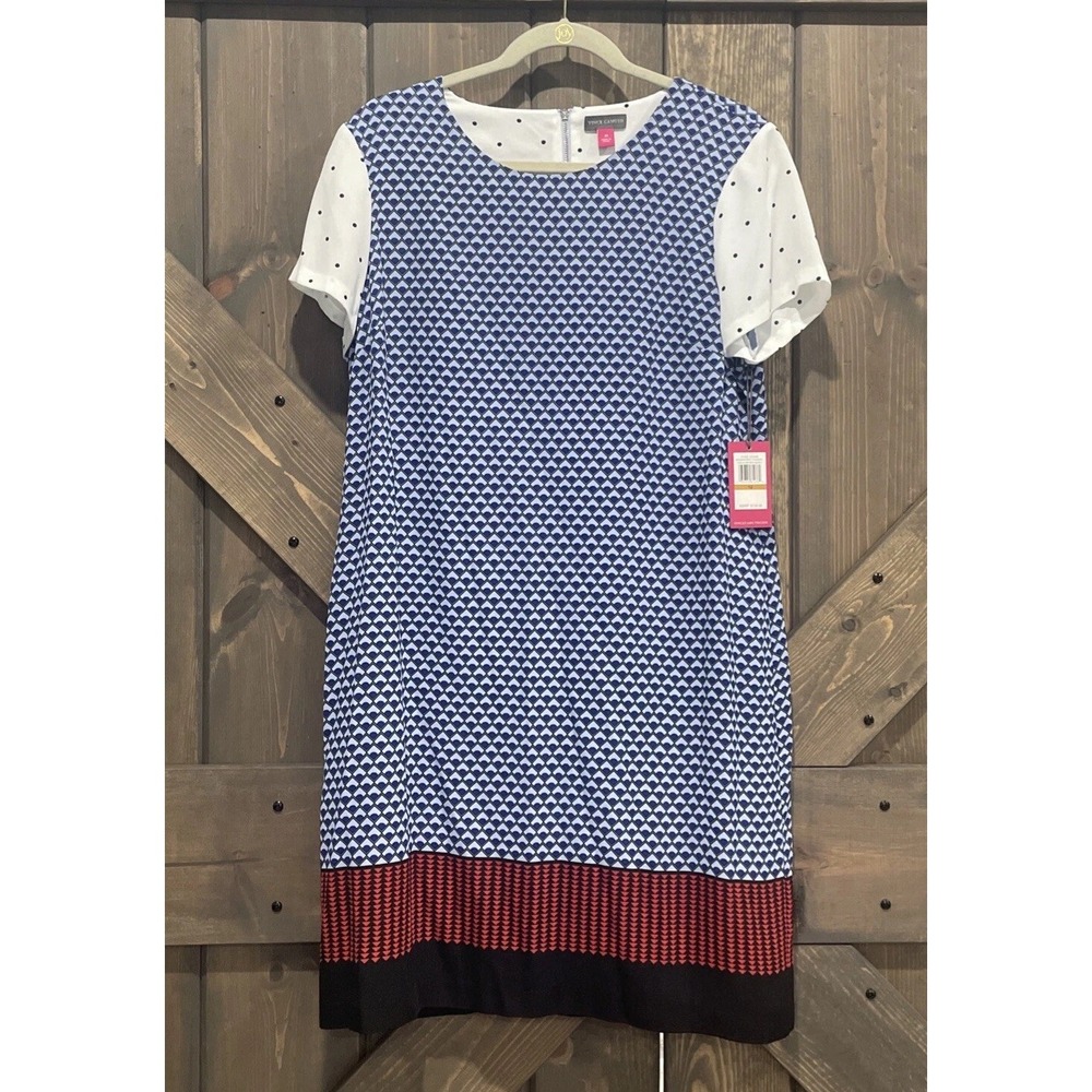 Vince Camuto Foulard Border Shift Midi Dress Polka Dots Short Sleeve W 12 NWT
